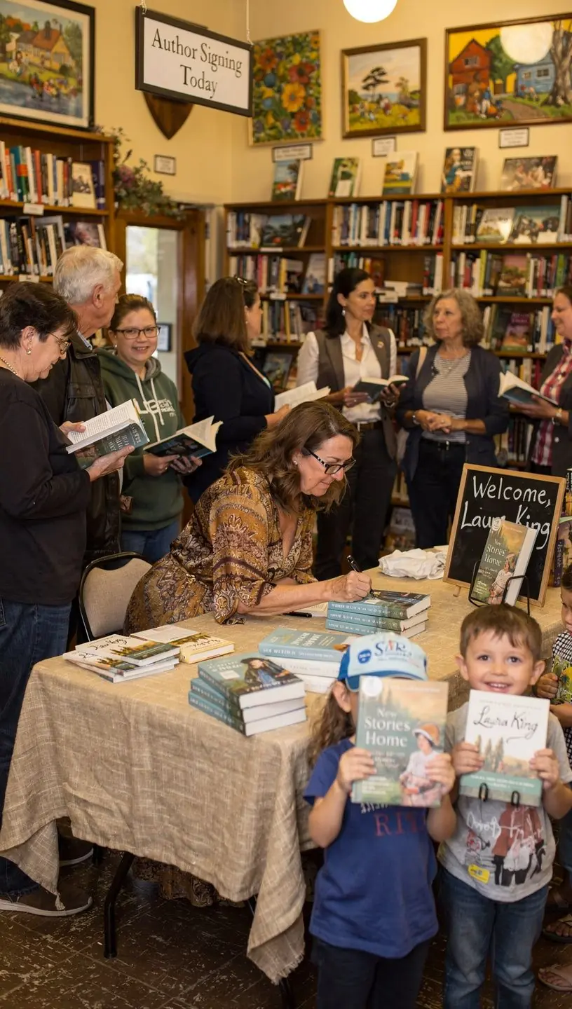A friendly bookstore staff member recommending a book to a customer in the store.