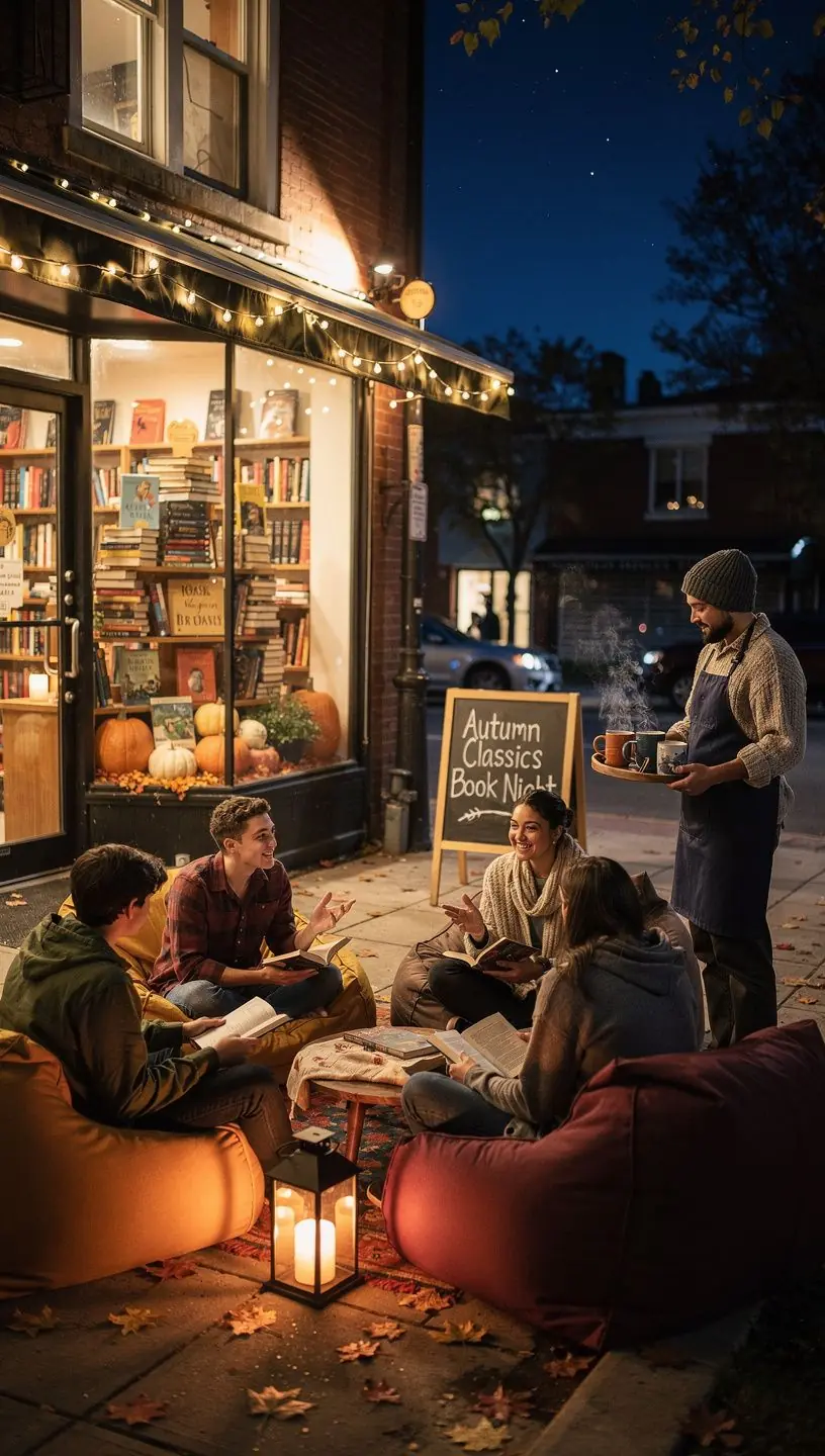 A group of people engaged in a book club discussion around a table filled with snacks and drinks.