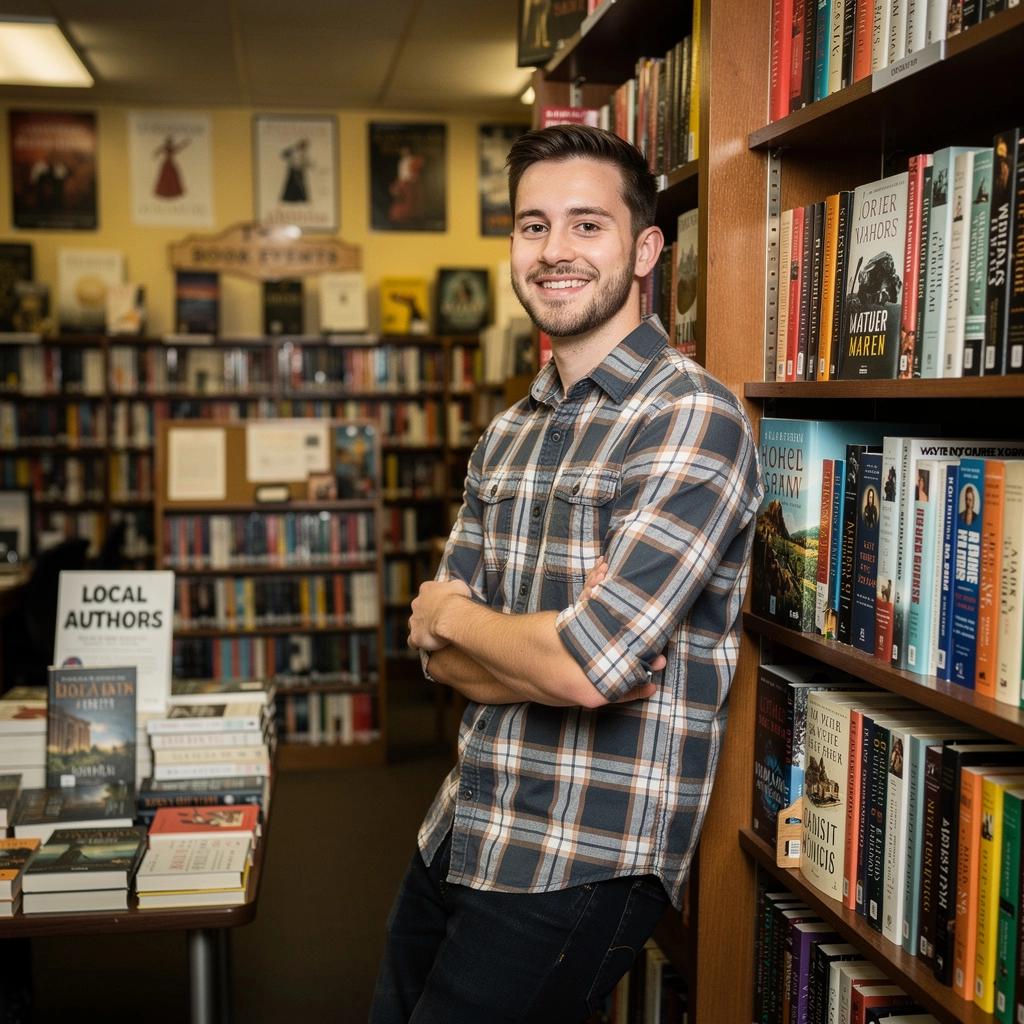 Staff members discussing their favorite picks in front of a colorful bookshelf.